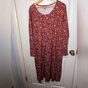 Lands End Womens Dress Size XL Red Long Sleeve Floral Flowers Flaw